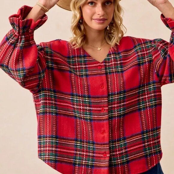 BiBi Christmas Plaid V-Neck Flounce Sleeve Jacket - Picture 7 of 15